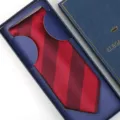 Men's red striped necktie packaged in a luxury blue gift box for formal wedding business. - Zipper Style / Long Box / Red & Black Stripe