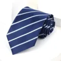 Men's business formal dark blue tie with white and light blue diagonal stripes variant style. - A059 Style Blue Stripe