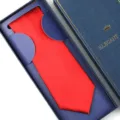 Red solid men suit tie packed in a luxury navy blue gift box for wedding business. - Zipper Style / Long Box / Solid Bright Red
