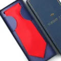 Classic red men's formal necktie presented in an elegant blue gift box. Perfect for weddings. - Zipper Style / Long Box / Bright Red Fine Stripe