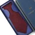 Classic men's burgundy formal necktie with textured pattern in elegant blue gift box. - Zipper Style / Long Box / Burgundy Plaid