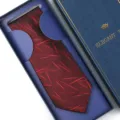 Men's formal business necktie in classic gift box with stylish red geometric pattern design. - Zipper Style / Long Box / Burgundy Snowflake