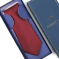 Men's formal wine red silk tie with sleek black dash pattern packaged in a classy blue gift box. - Zipper Style / Long Box / Burgundy Meteor