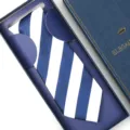 Men's blue and white striped formal necktie with elegant gift box packaging for business wedding. - Zipper Style / Long Box / Blue & White Stripe (L002)