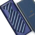 Classic navy blue necktie with light blue stripes, elegant gift box packaging included. - Zipper Style / 8cm Long Box / Blue and White Stripes