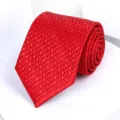 Red men's business formal tie with elegant geometric woven pattern, perfect for wedding. - 8cm Red Geometric Jacquard Self-tie