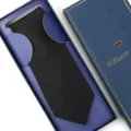 Men's formal black twill tie presented in a sleek blue gift box, perfect for business wear. - Zipper Style / 8cm Long Box / Black Fine Stripe