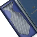 Men's grey vertical striped tie set in a delicate blue gift box, classic wedding business accessory. - Zipper Style / Long Box / Grey Frosted White Stripe