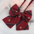 Japanese JK uniform bow tie red and blue striped ribbon with delicate embroidered badge. - Burgundy Badge Ribbon Bow