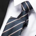 Classic navy blue striped necktie detail shot, elegant formal wear accessory for business. - 8cm Dark Blue Yellow Stripe Zipper