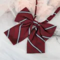 Detailed shot of dark red striped JK uniform bow tie collar accessory, sweet school style. - Burgundy Striped Ribbon Bow