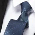 Close-up detail of a dark blue striped patterned tie, showing fine fabric texture and neat knot. - 8cm Stylish Plaid Zipper