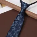 Men's navy blue floral pattern zipper necktie, pre-tied lazy tie for business formal wedding. - Aegean Wave - Navy Blue 8cm Zipper Tie