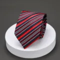 Classic striped men's tie detailed view, elegant business formal necktie for office wear. - Colorful