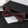 Detail view of men's wine red and black double layer striped bow tie for formal suit - Elegant Asymmetric Wine Red Bowtie