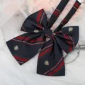 JK school style bow tie collar accessory with blue red green stripes and embroidery crest detail - Dark Blue Badge Ribbon Bow