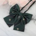 Dark green JK plaid bowtie detail, featuring exquisite gold crest embroidery and long ribbons. - Dark Green Badge Bowknot