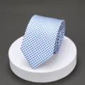Detailed view of the elegant blue and white checkered men's business formal necktie. - L009 Blue Small Check