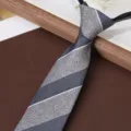 Mens business formal zipper necktie grey striped retro tie for wedding and daily office wear - Gray Blue Wide Stripe 8cm Zipper Tie