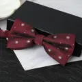 Burgundy double layer bow tie detail, exquisite white floral pattern, ideal for formal wear. - Wine Red Concentric Circle Bowtie