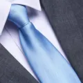 Classic men's light blue business tie paired with crisp white shirt and stylish grey suit. - Sky Blue Fine Stripe Zipper Style / 8cm