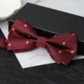 Burgundy double layer bow tie with pink pattern for men formal wedding suit wear detail shot - Wine Red Star Bowtie