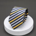 Close-up detail view of the blue yellow and silver striped men's business necktie texture. - Y07
