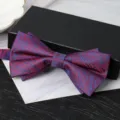 Detail shot of a stylish blue and red textured double layer men's formal bow tie on a box. - Romantic Starry Bowtie