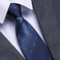 Close-up detail of the men's classic blue plaid tie, perfect for formal business and wedding wear. - Stylish Plaid Zipper Style / 8cm