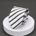 Men's white and black striped tie for business formal wear, professional office and wedding. - White Background Double Black Lines