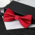 Close-up detail of a wine red silk bow tie, textured fabric and neat double layer bow design. - Fashion Stripe Bowtie
