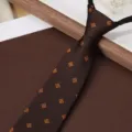Men's brown business pre-tied zipper necktie with elegant yellow geometric pattern for formal wear. - Coffee Gold Small Square Zipper Tie