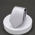 Solid silver men's formal tie rolled neatly on a white display stand, elegant business accessory. - Silver Polished