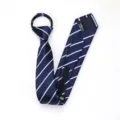 Detail view of navy blue zipper tie with white diagonal stripes, convenient pre-tied design. - Zipper Style / Dark Blue Stripe
