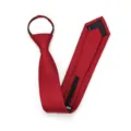 Close-up detail of the red pre-tied zipper necktie showing the inner zipper and label structure. - Zipper Style / Red