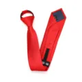 Red pre-tied zipper tie detail view, showing the back zipper structure and handmade label. - Zipper Style / Bright Red Fine Stripe