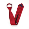 Detail view of red striped zipper tie showing textured fabric and convenient lazy design. - Zipper Style / Burgundy Jacquard
