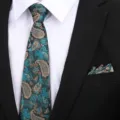 Heren blauwgroene paisley stropdas pochet set, klassieke zakelijke trouwkostuum accessoire. - 8cm Blauw-Witte Porselein Rits + Pocket Square