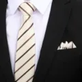 Heren zakelijke stropdas en pochet set, elegante beige kleur met bruine diagonale strepen. - 8cm Champagne Streep Rits + Pocket Square