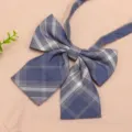 Blue-grey plaid JK bow tie variant, a stylish school uniform collar accessory item. - Light Purple