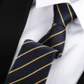 Men navy blue diagonal striped tie business formal wear suit necktie accessory variant - 8cm Aesthetic Gold Stripe Hand-Tied