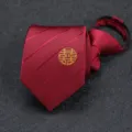Cravate zippée rouge pour homme mariage marié affaires professionnelle vue de détail - 8cm Rouge Vin Sergé Rond Double Bonheur Fermeture Éclair