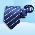 Blue striped zipper necktie for business wear, easy to wear professional detail shot. - 8cm A059 Zipper