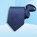 Close-up view of a blue geometric patterned pre-tied zipper tie for business wear. - 8cm Dark Blue Pattern Zipper