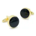 Classic round gold-rimmed black cufflinks for men, perfect for formal business shirts and suits. - Gold Round Cufflinks with Gift Box