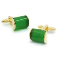 Gold-toned green cat's eye stone cufflinks for men and women, stylish shirt accessory variant. - Green Cat's Eye Cufflinks with Gift Box