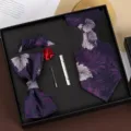 Heren 5-delige paarse bloemvormige das vlinderdas pochet reversspeld cadeaupakket - Rits 5-Delige Set / Paars