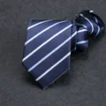 Close-up detail of dark blue men business pre-tied zipper necktie with light blue stripes. - 8cm Blue White Stripe Zipper