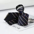 Navy blue striped zipper tie for men business formal wear, easy-to-use pre-tied necktie detail. - Aesthetic Gold Stripe Zipper Style