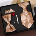 Gouden bloemen stropdas vlinderdas pochet geschenkset voor heren bruidegom trouwpak - Rits 5-Delige Set / Goud